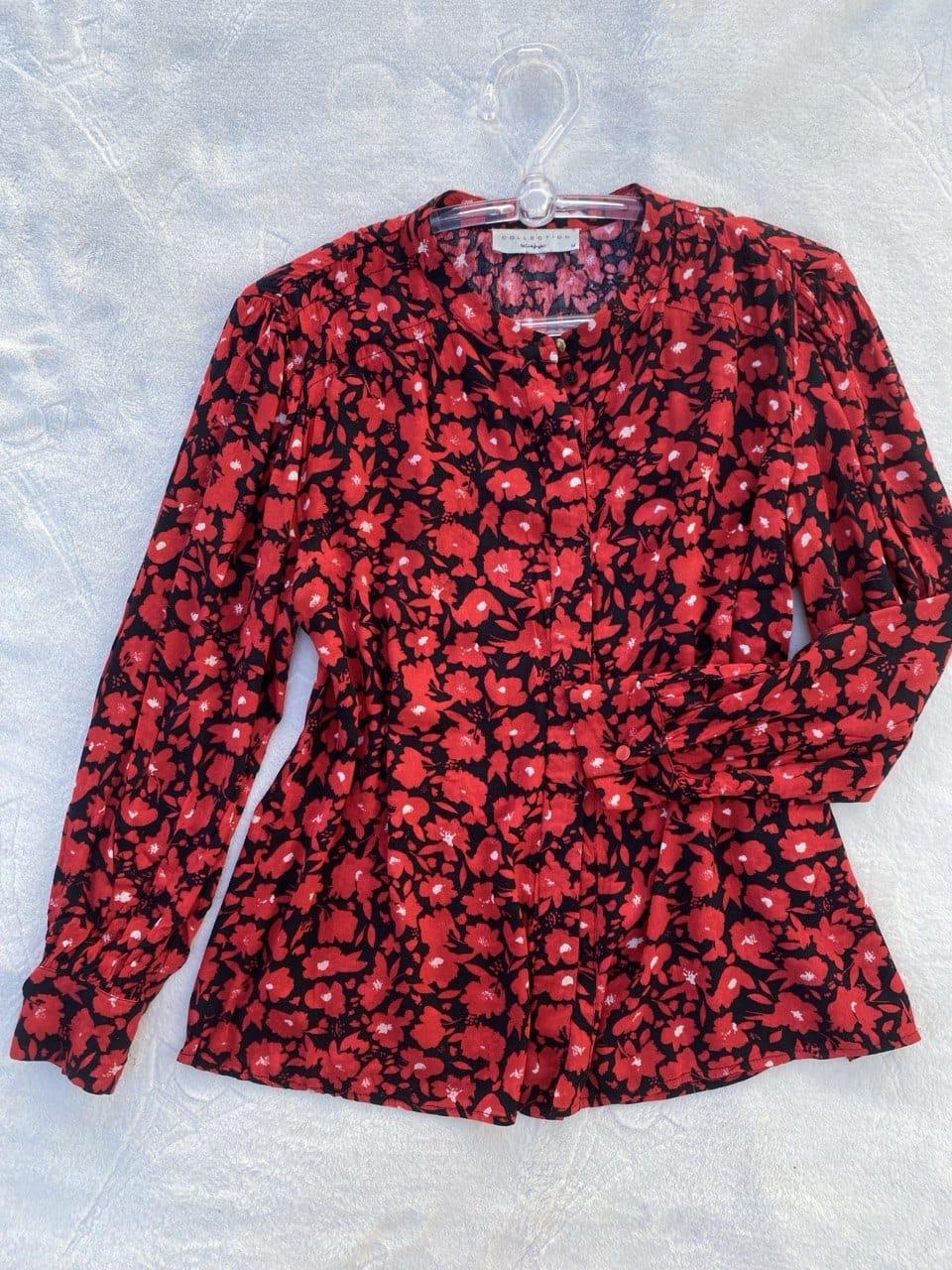 Blusa Floral Mujer Rojo Negro Manga Abullonada